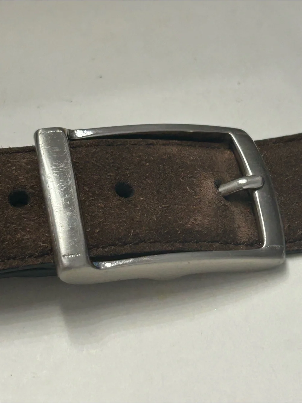 Cole Haan Brown Suede Leather Belt Size 38 Brass Buckle Silver Finish